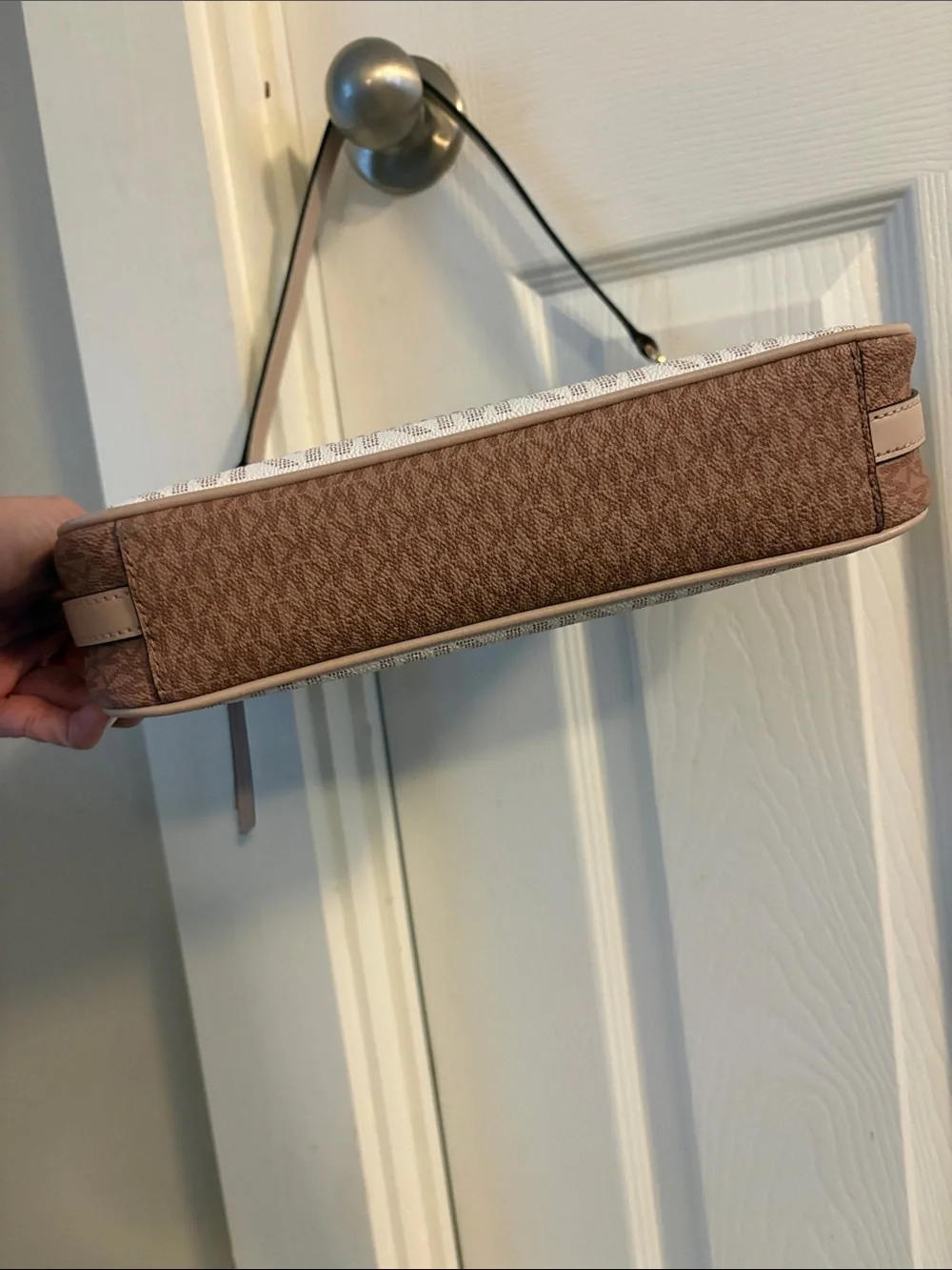 Michael Kors Beige and Blush MK Logo Canvas Shoulder Bag